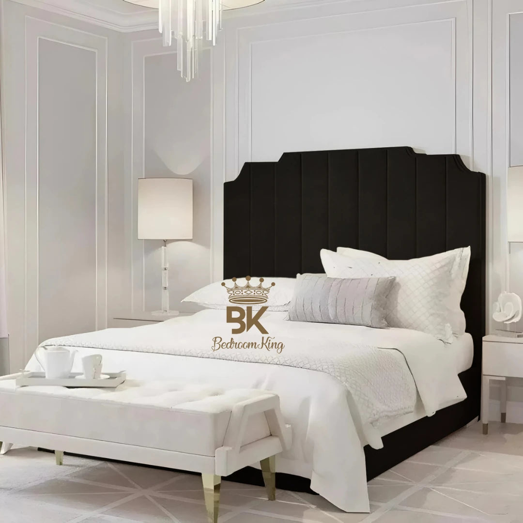 Lacey Art Deco Upholstered Bed Frame - Black Plush Velvet