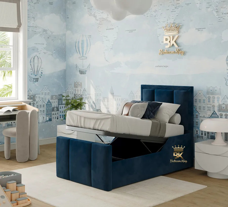 Children's Safety Bedframe in blue plush velvet made by Bedroomking