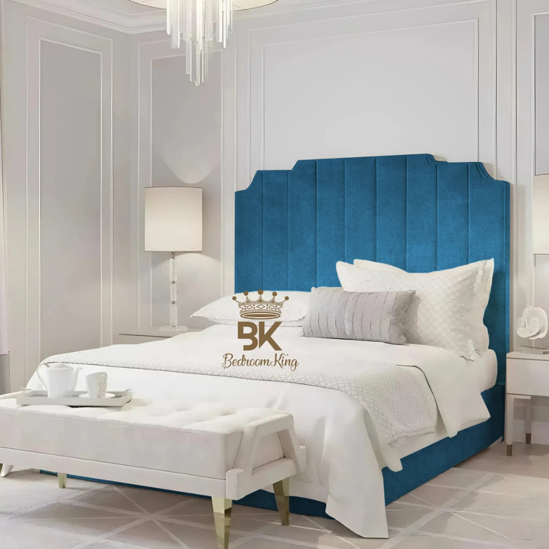 Lacey Art Deco Upholstered Bed Frame - Blue Coniston