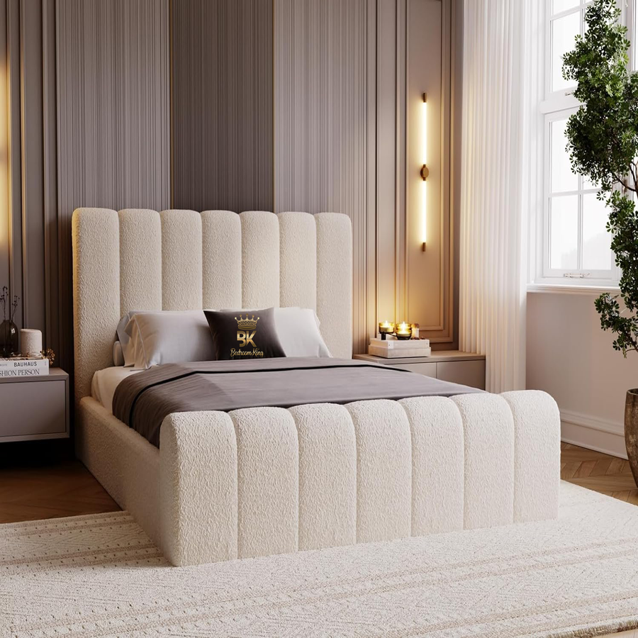 Teddy Cream Boucle Fabric Bubble Bedframe in King Size With Mattress Made By Bedroomking