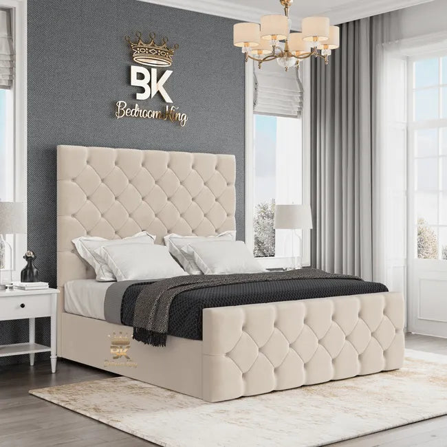 King Size Bed frame in cream plush velvet