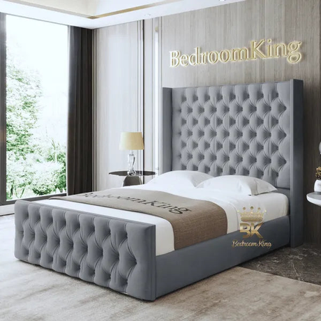 Upholstered Bed Frames in grey plush velvet