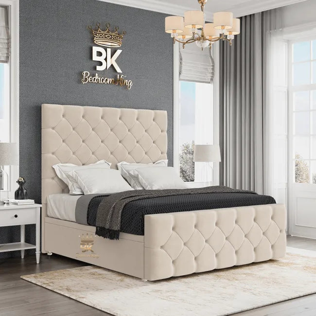 Chesterfield Ottoman Bed Frame in cream plush velvet