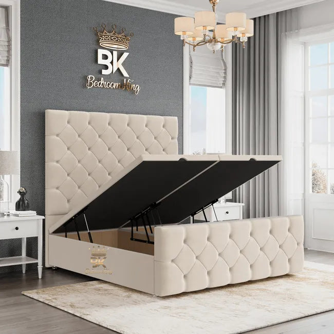 Chesterfield Bed Frame with metal gas lift storage