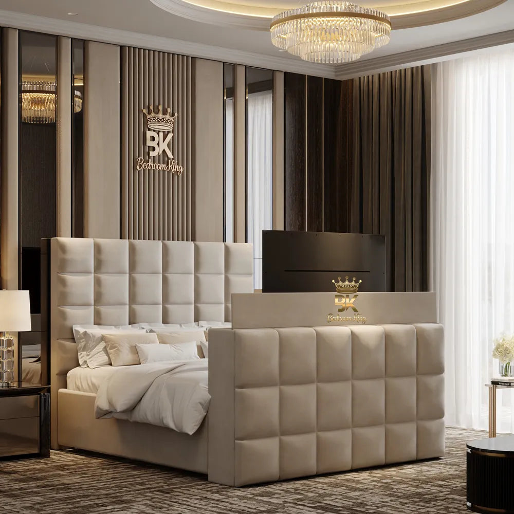 Cubed Upholstered Ottoman TV Bed Frame made by Bedroomking