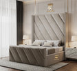 A luxurious tall upholstered beige wingback panel bed frame