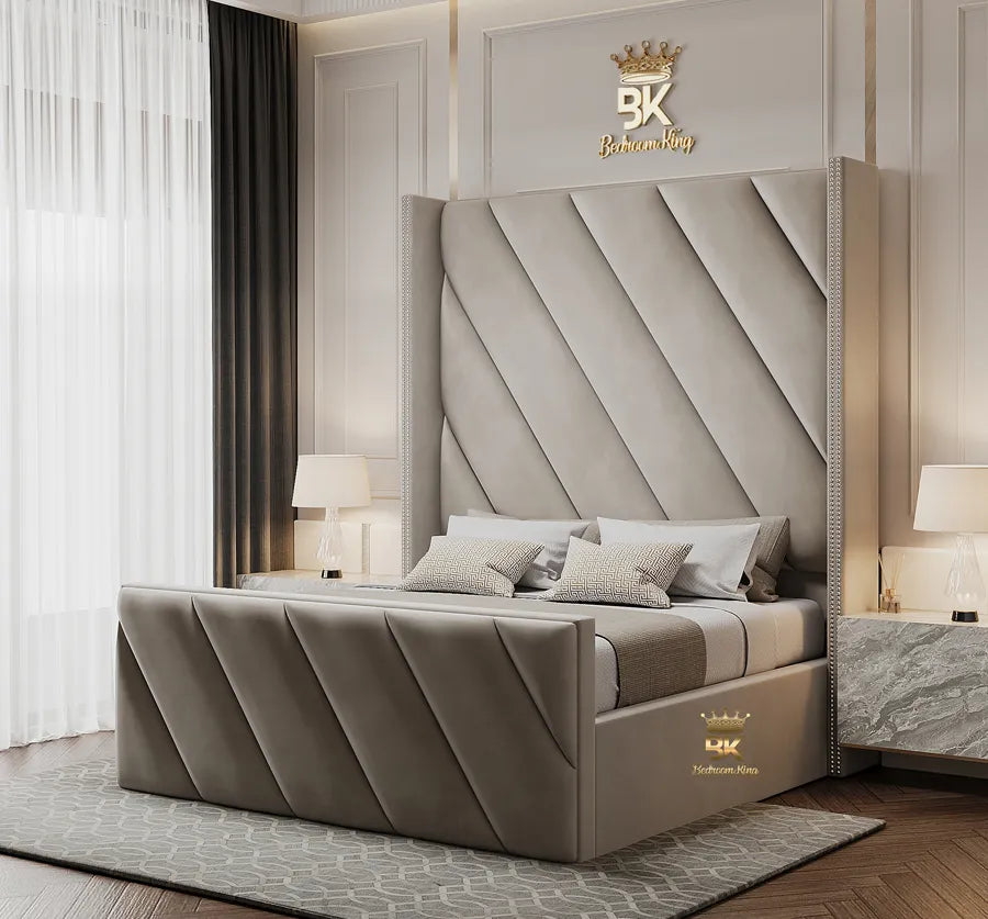 A luxurious tall upholstered beige wingback panel bed frame