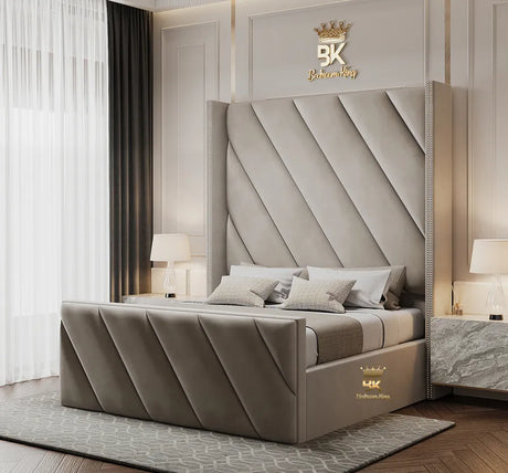 A luxurious tall upholstered beige wingback panel bed frame