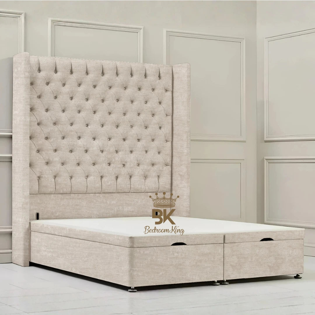 Canterbury Wingback Ottoman Divan Storage Bed - Mustard Plush Velvet