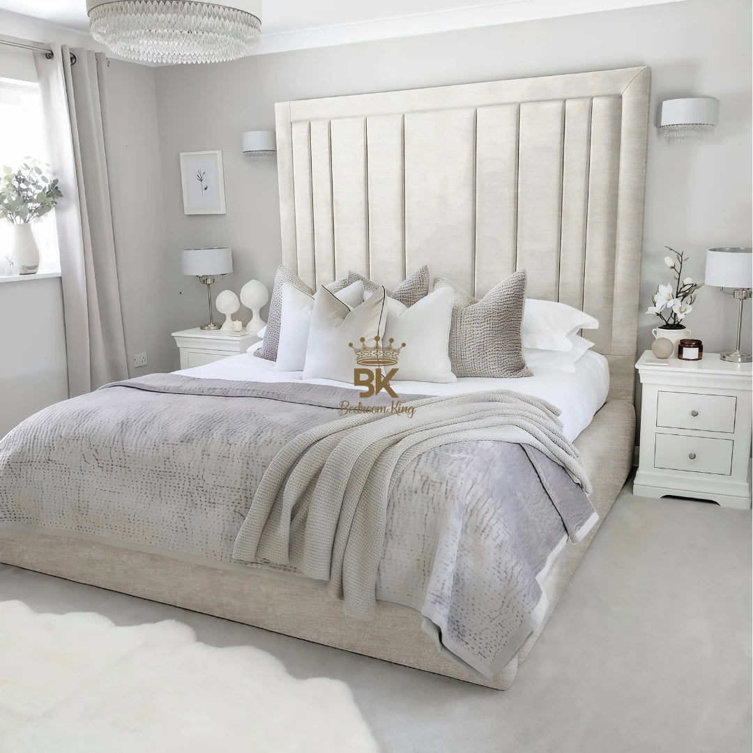 Upholstered bed frame in super king size and cream chenille made by Bedroomking