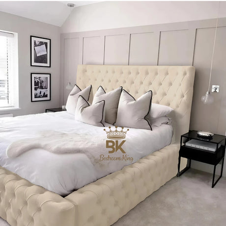 Cream plush velvet upholstered bed in king size with plush finish