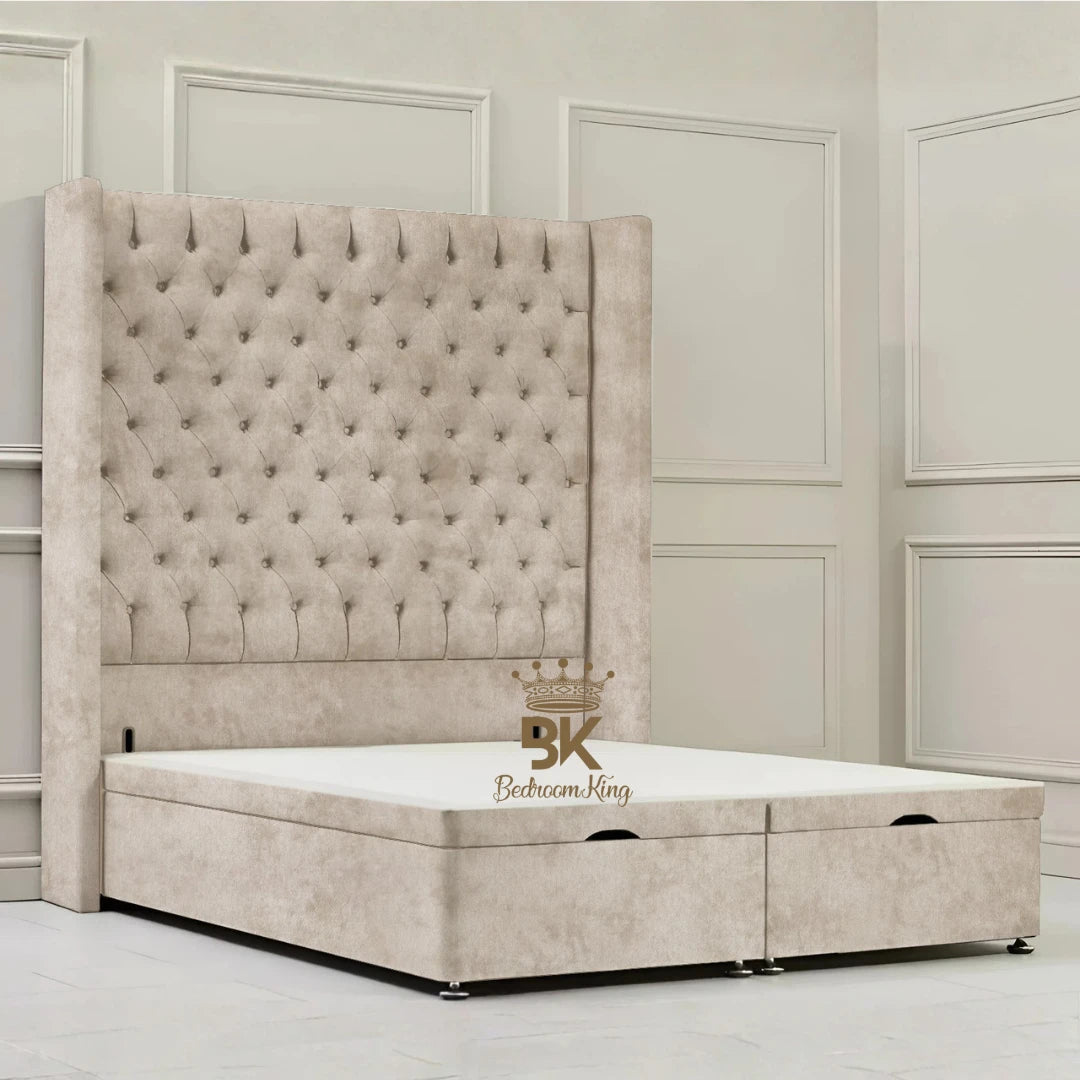 Canterbury Wingback Ottoman Divan Storage Bed - Mustard Plush Velvet