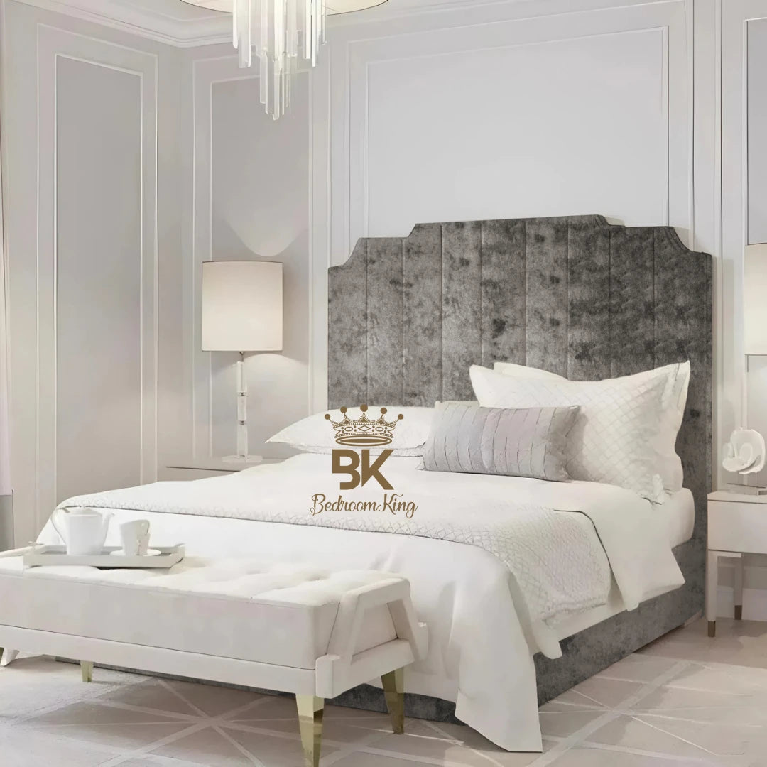 Lacey Art Deco Bed Frame pictured with tall headboard in luxurious upholstered finish