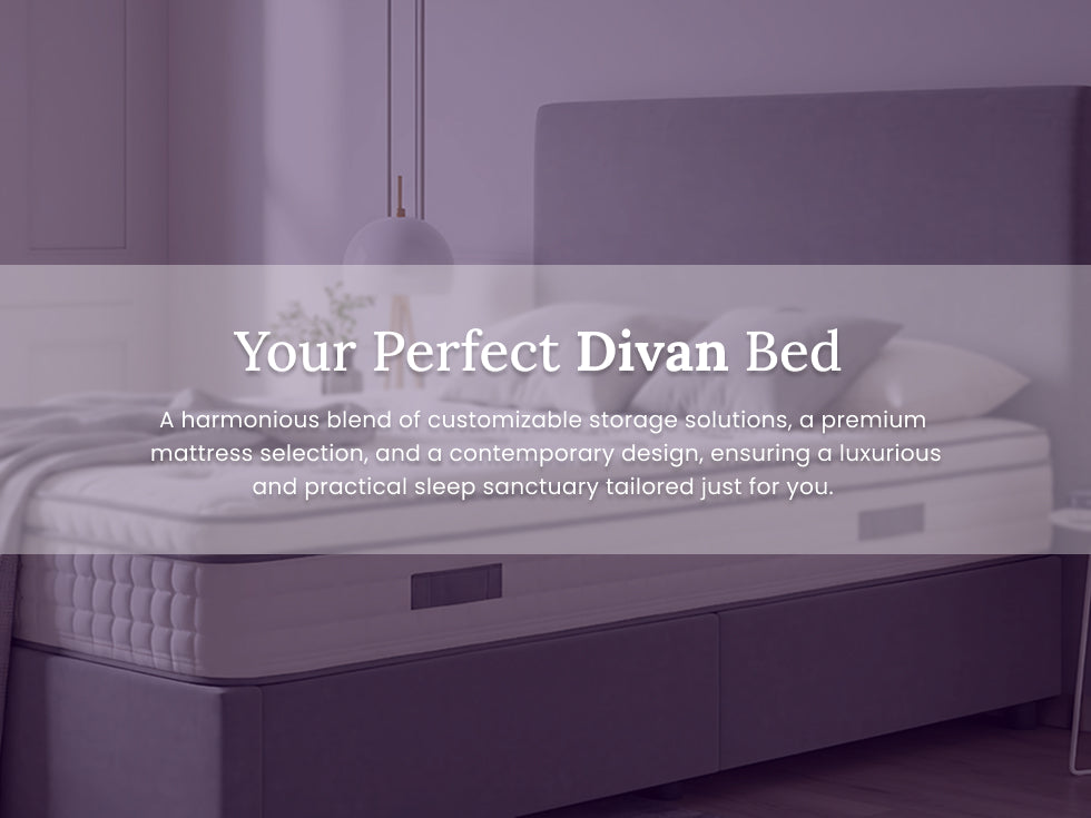 Divan bed with text overlay on a purple background