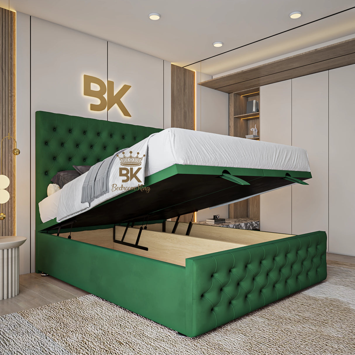 Upholstered Ottoman Divan Bed Frame in green plush velvet