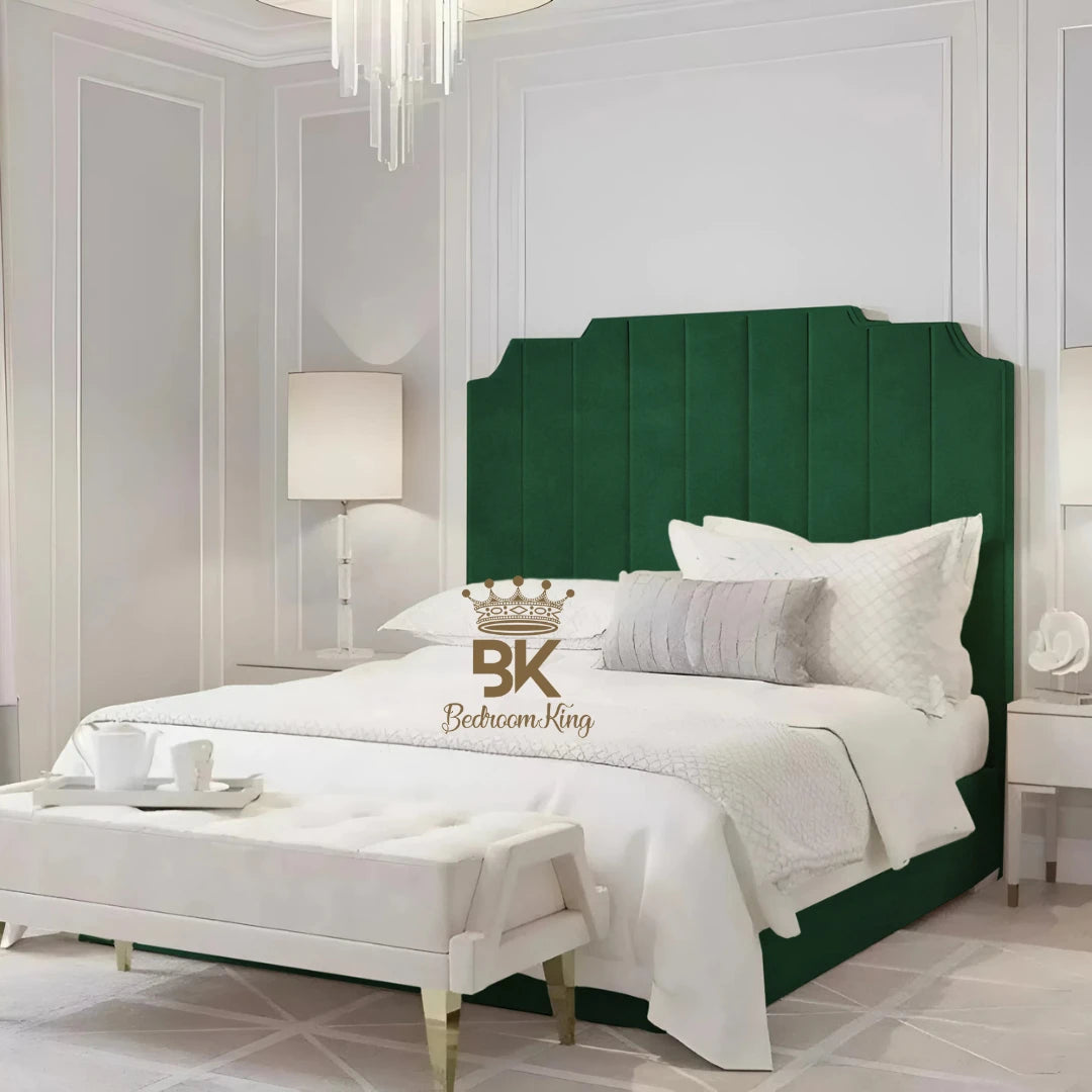 Bed Frame pictured with tall headboard in luxurious upholstered green plush velvet finish