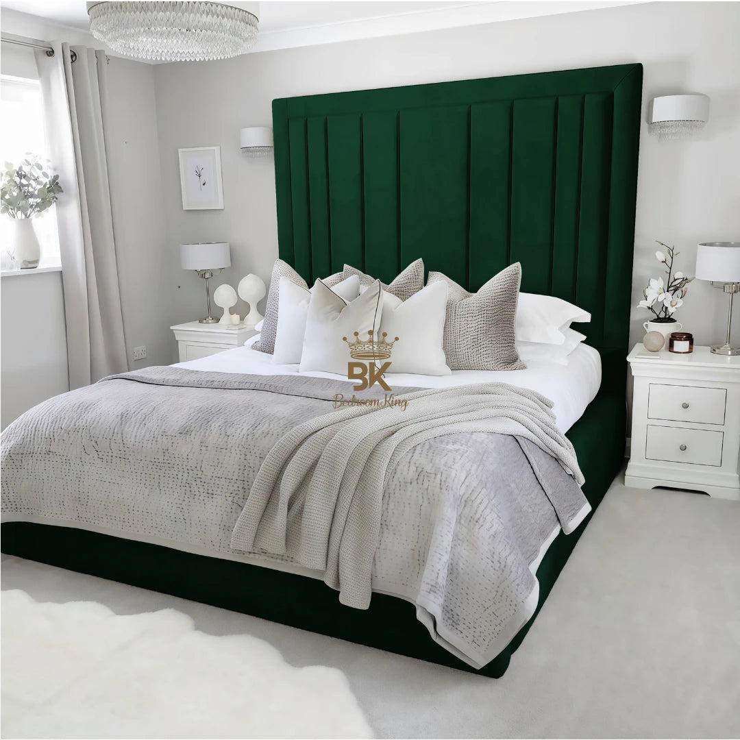 Upholstered bed frame in super king size and green plush velvet made by Bedroomking