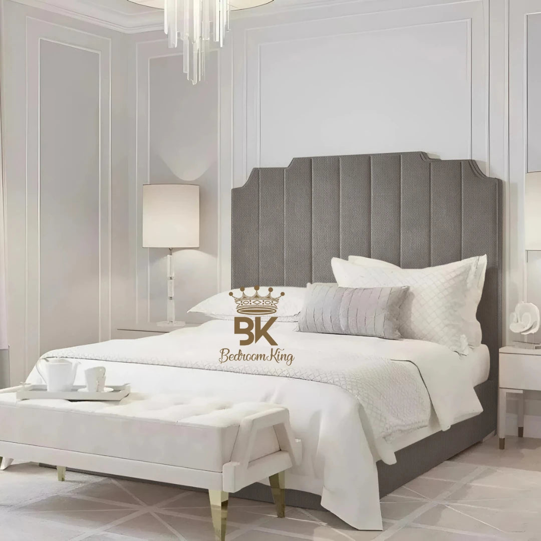 Bed Frame pictured with tall headboard in luxurious upholstered grey naples finish