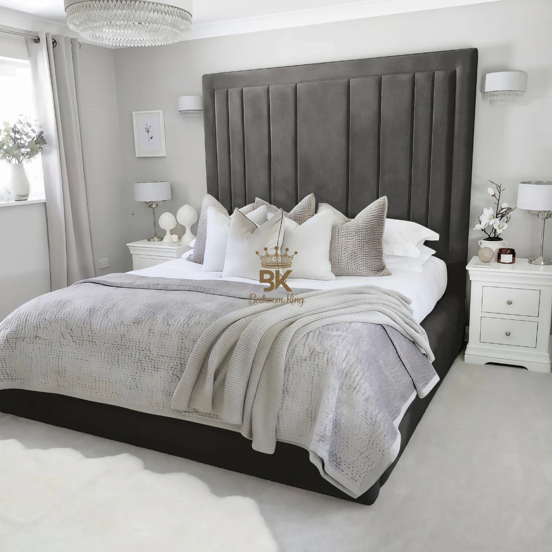 Upholstered bed frame in super king size and grey plush velvet made by Bedroomking