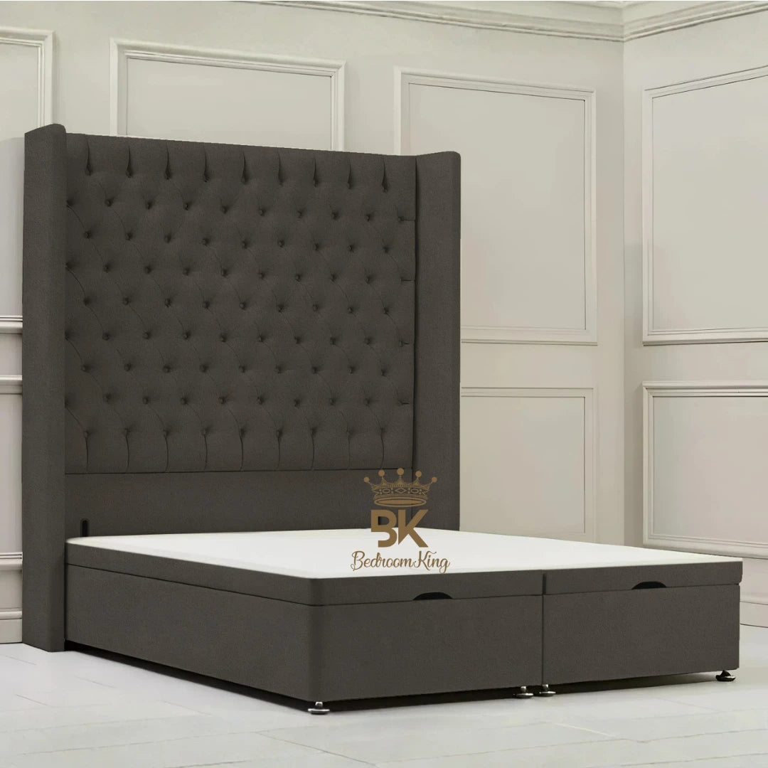 Canterbury Wingback Ottoman Divan Storage Bed - Mustard Plush Velvet