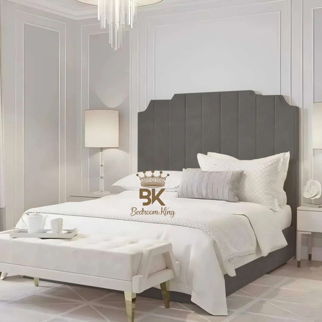 Bed Frame pictured with tall headboard in luxurious upholstered grey plush velvet finish