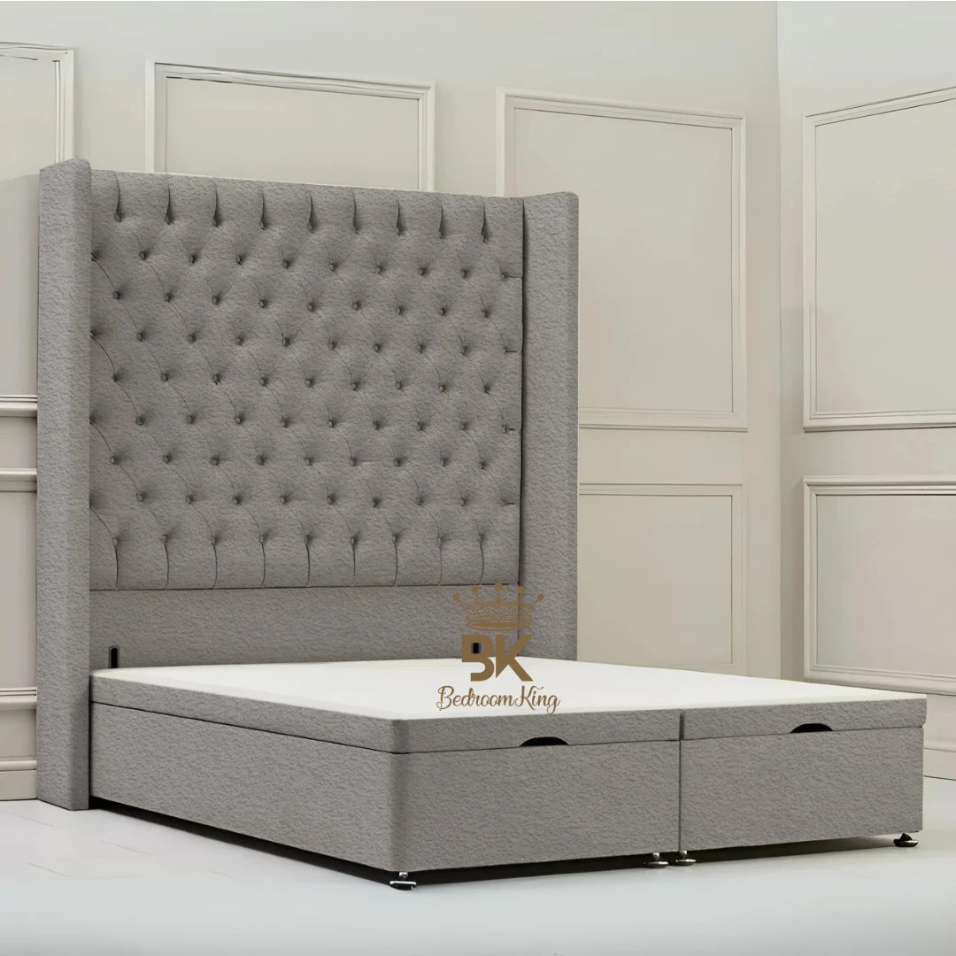 Canterbury Wingback Ottoman Divan Storage Bed - Mustard Plush Velvet