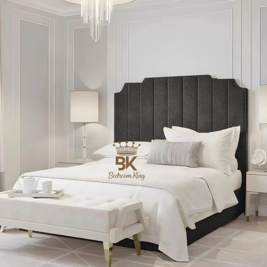 Bed Frame pictured with tall headboard in luxurious upholstered grey teddy boucle finish