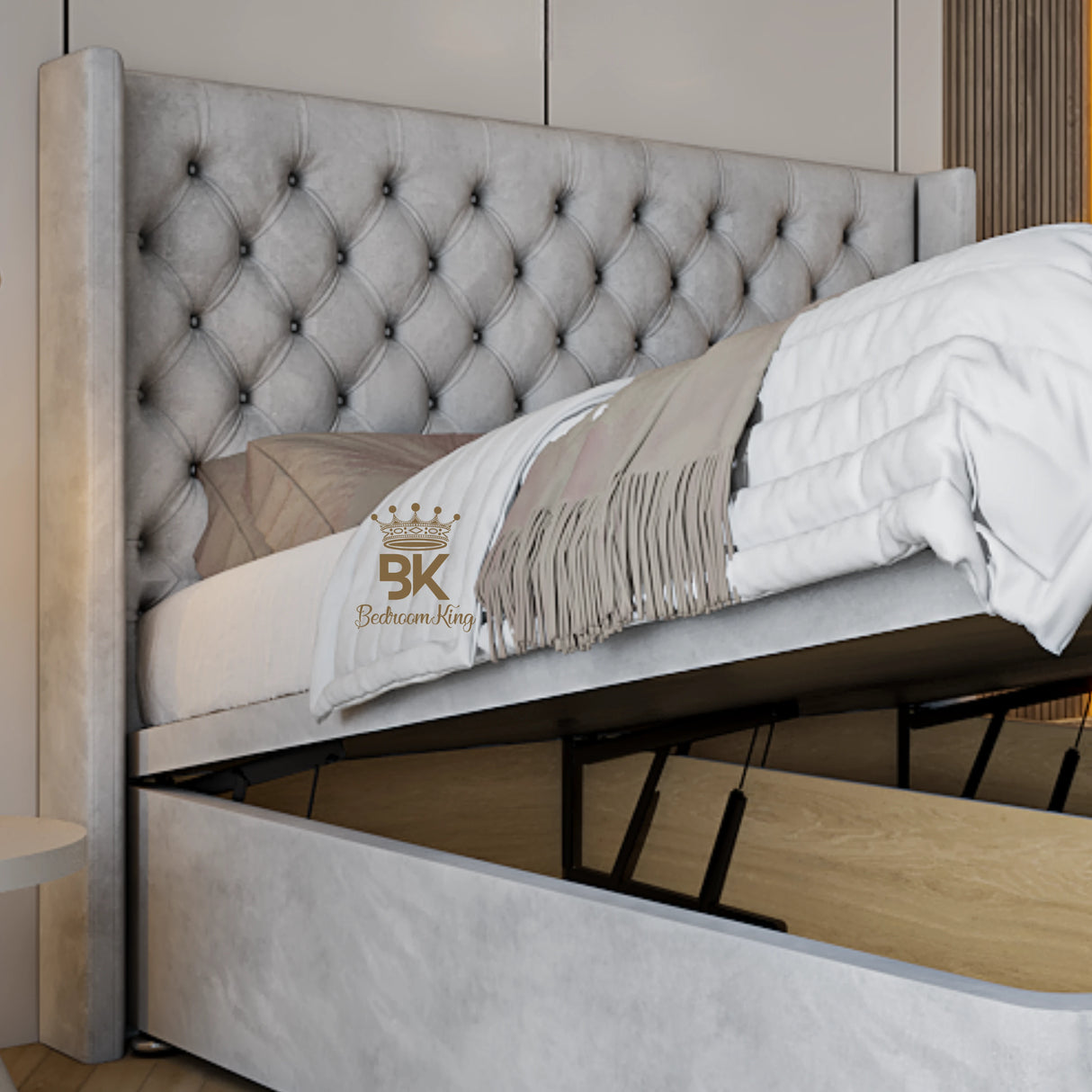 Wingman ottoman divan bed frame in soft silver plush upholstery