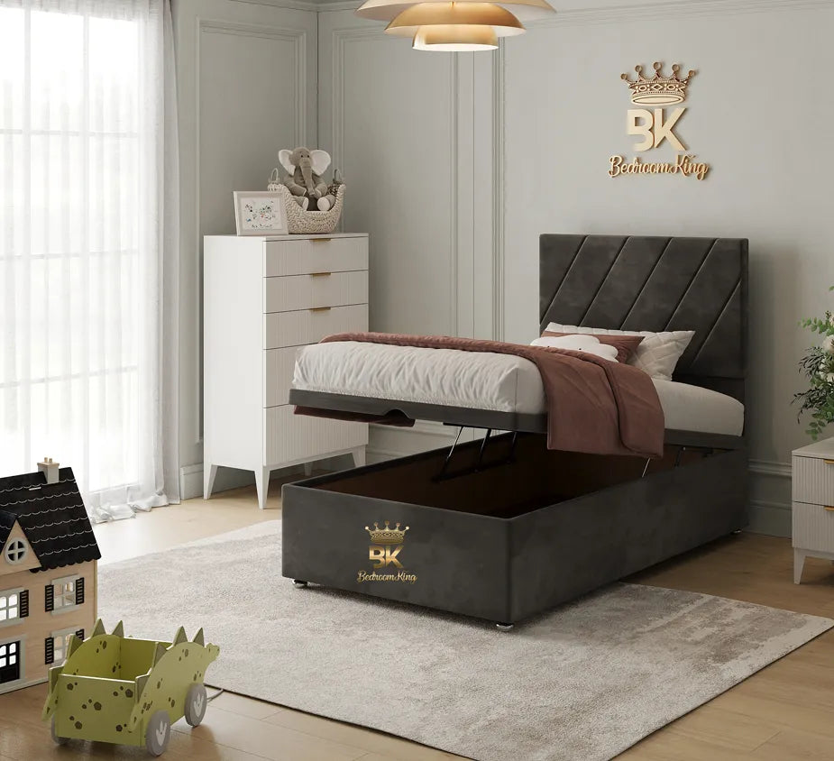 Children's Upholstered Ottoman Storage Bed Frame in grey plush velvet