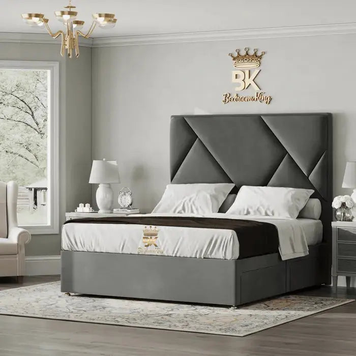 Divan Drawer Storage Bed Frame in silver plush velvet made by Bedroomking
