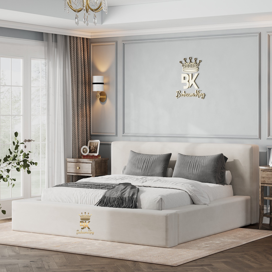 Padded Ambassador Bed in cream plush velvet made by Bedroomking