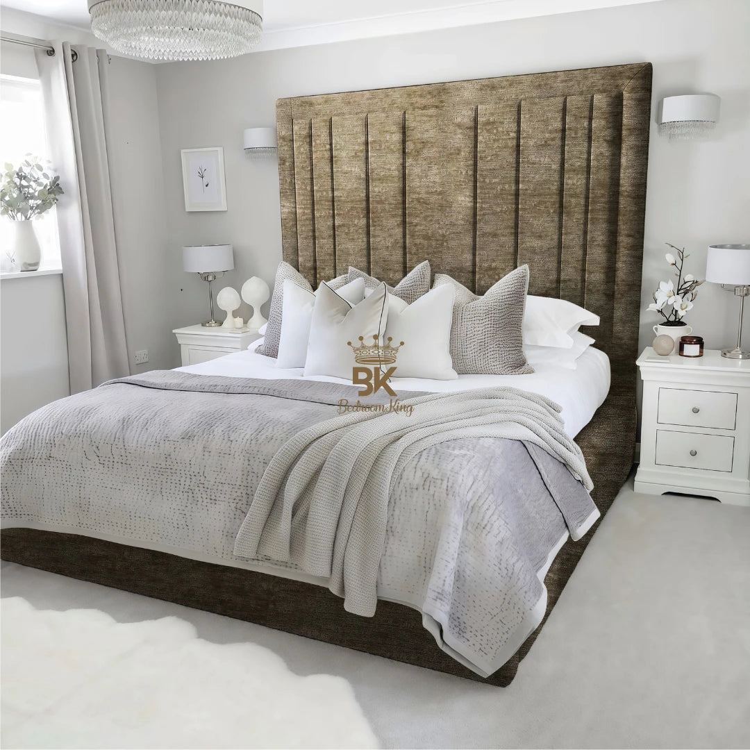 Upholstered bed frame in king size and mink chenille made by Bedroomking