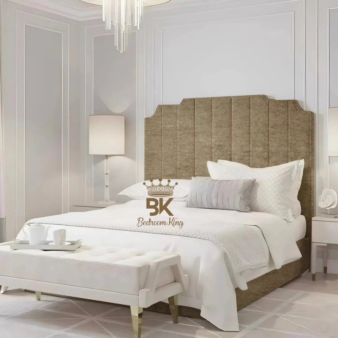 Bed Frame pictured with tall headboard in luxurious upholstered mink chenille finish