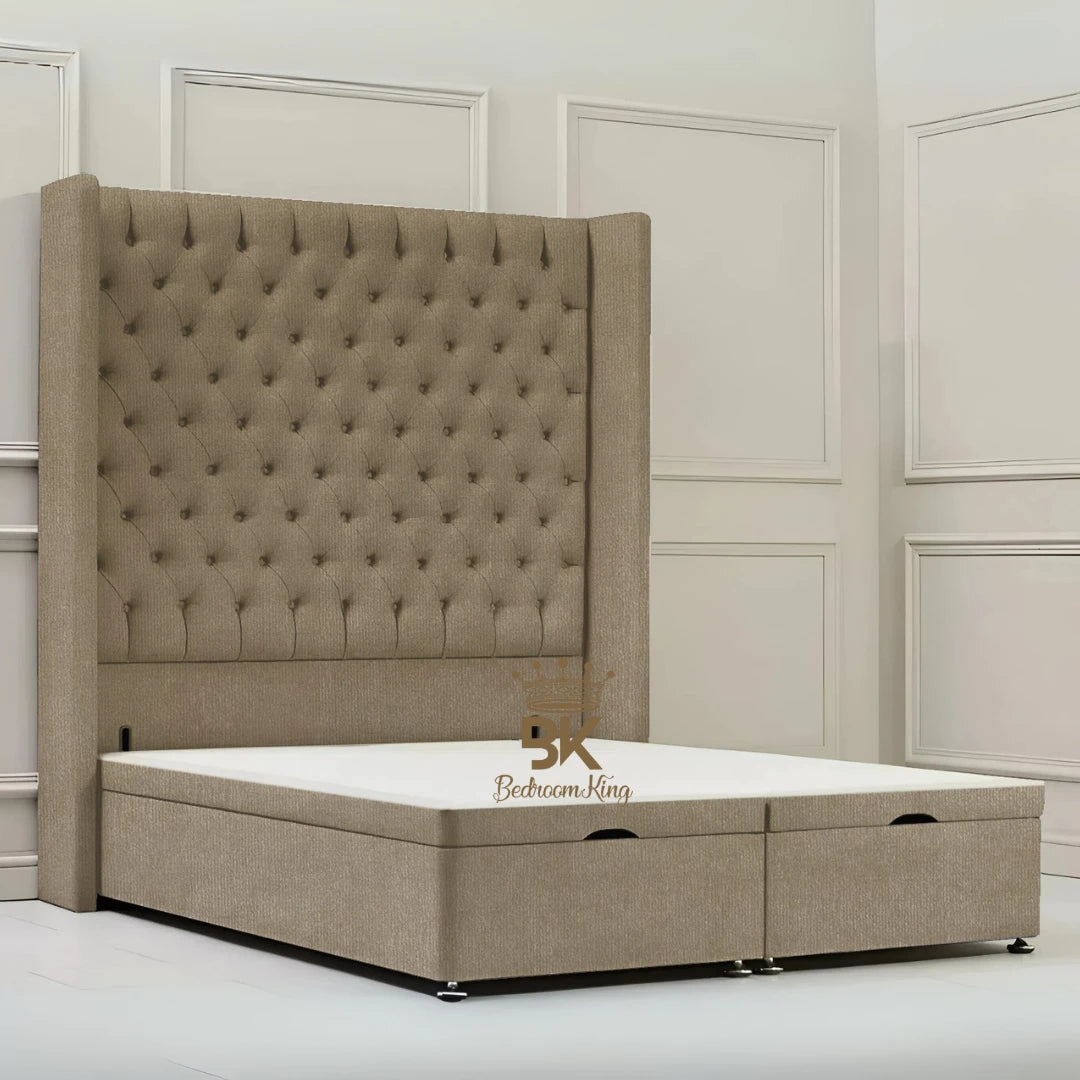 Canterbury Wingback Ottoman Divan Storage Bed - Mustard Plush Velvet