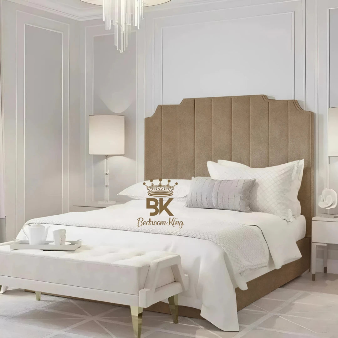 Bed Frame pictured with tall headboard in luxurious upholstered mink coniston finish