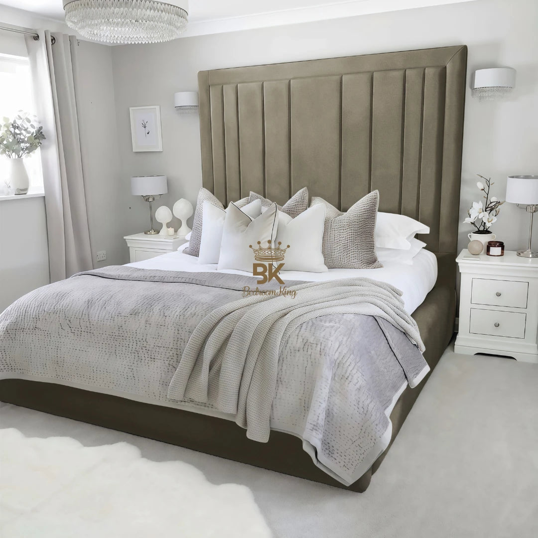 Upholstered bed frame in super king size and mink plush velvet made by Bedroomking