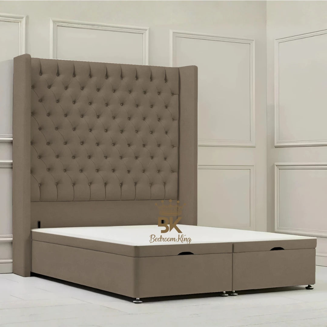 Canterbury Wingback Ottoman Divan Storage Bed - Mustard Plush Velvet