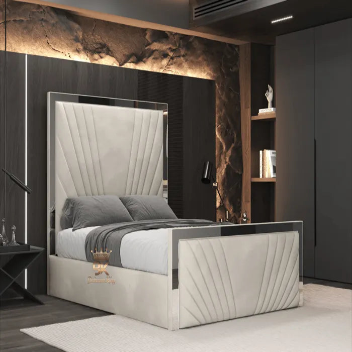 Delaney Mirror Bedframe in cream plush velvet