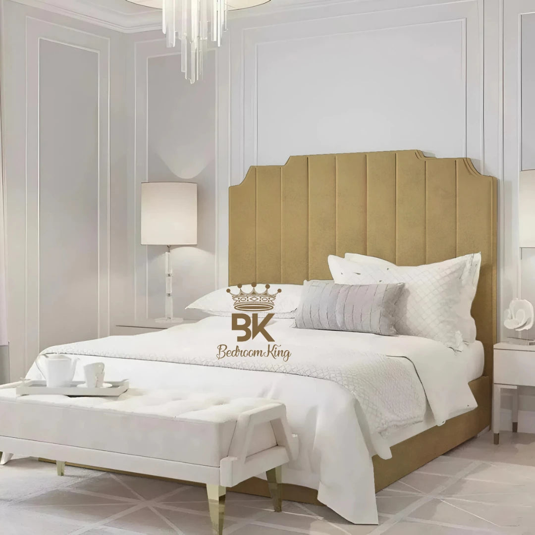 Bed Frame pictured with tall headboard in luxurious upholstered mustard plush velvet finish