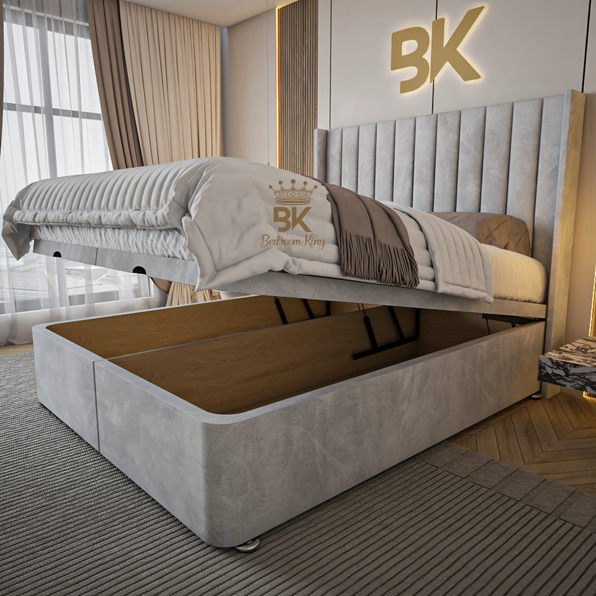 Wingback Ottoman Divan Bed Frame in Silver Plush Velvet