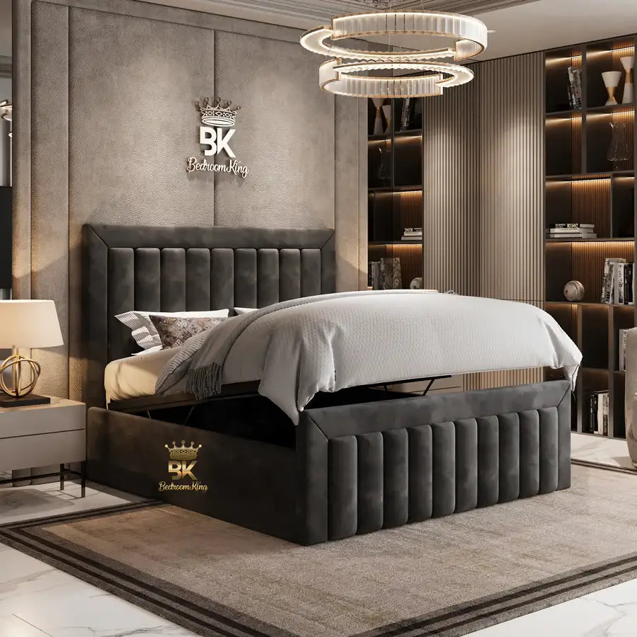 Double Ottoman Storage Bed Frame in slate plush velvet made by Bedroomking