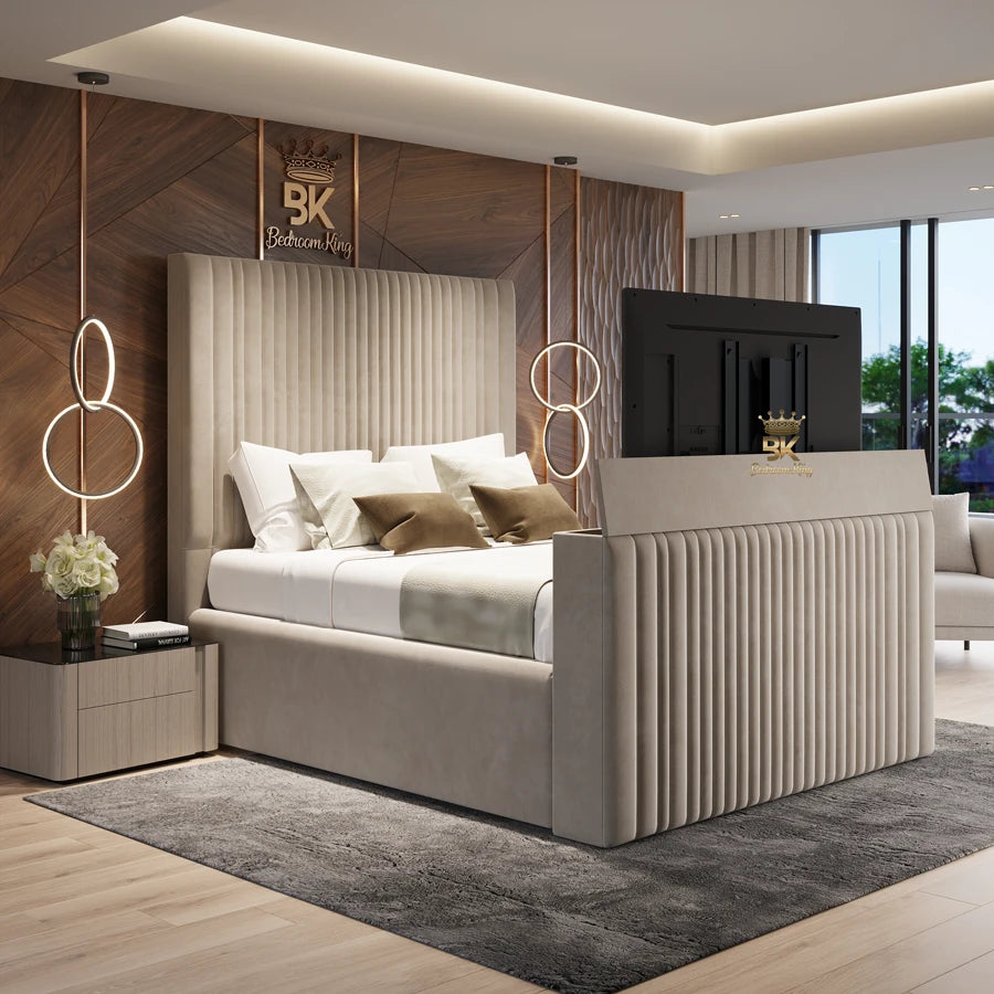 Upholstered Ottoman TV Bed Frame in cream plush velvet made at Bedroomking