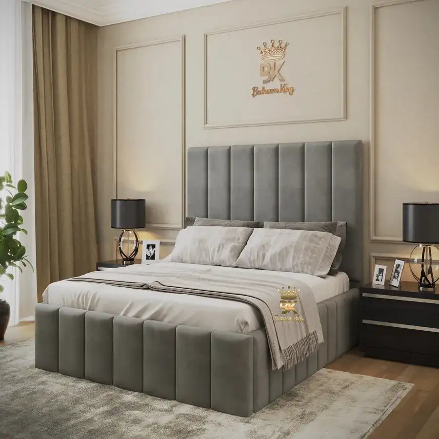 Upholstered Ottoman Storage Bed frame in silver plush velvet made by Bedroomking