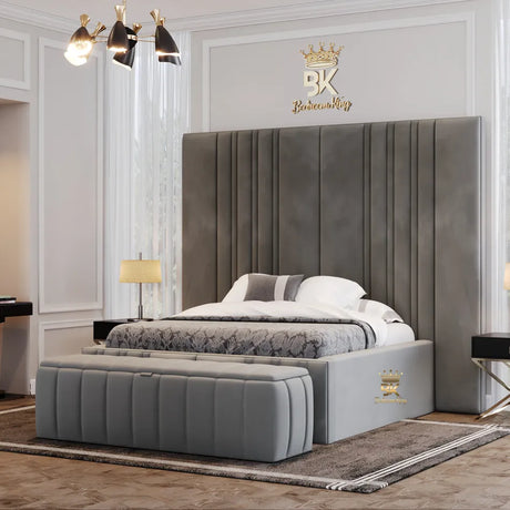 A luxurious silver plush velvet bed frame with an oversized 80" tall headboard
