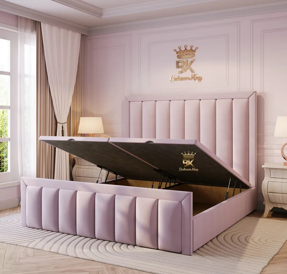Pink Upholstered Ottoman Storage Bed Frame - Bedroomking
