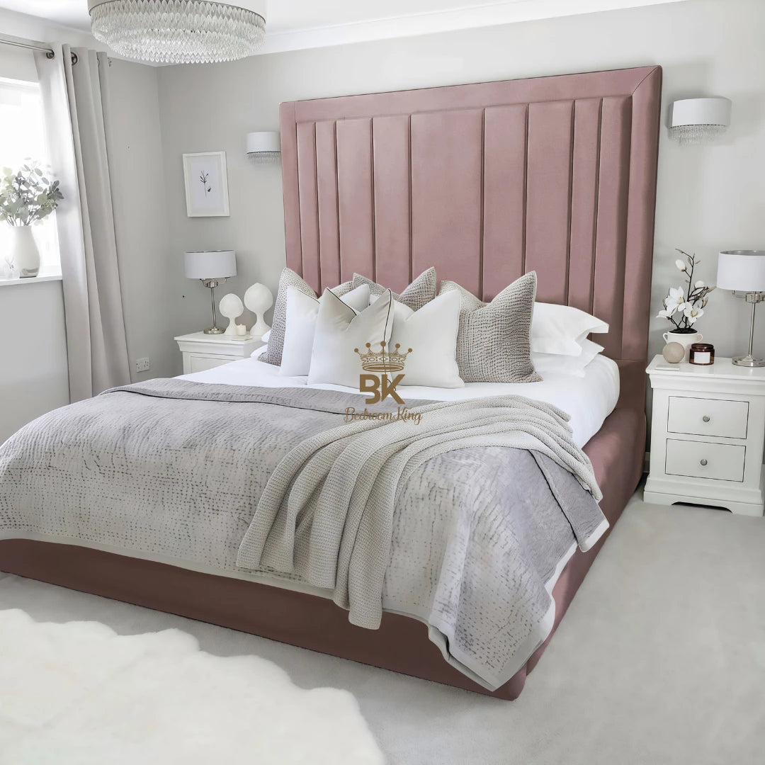 Upholstered bed frame in super king size and pink plush velvet made by Bedroomking
