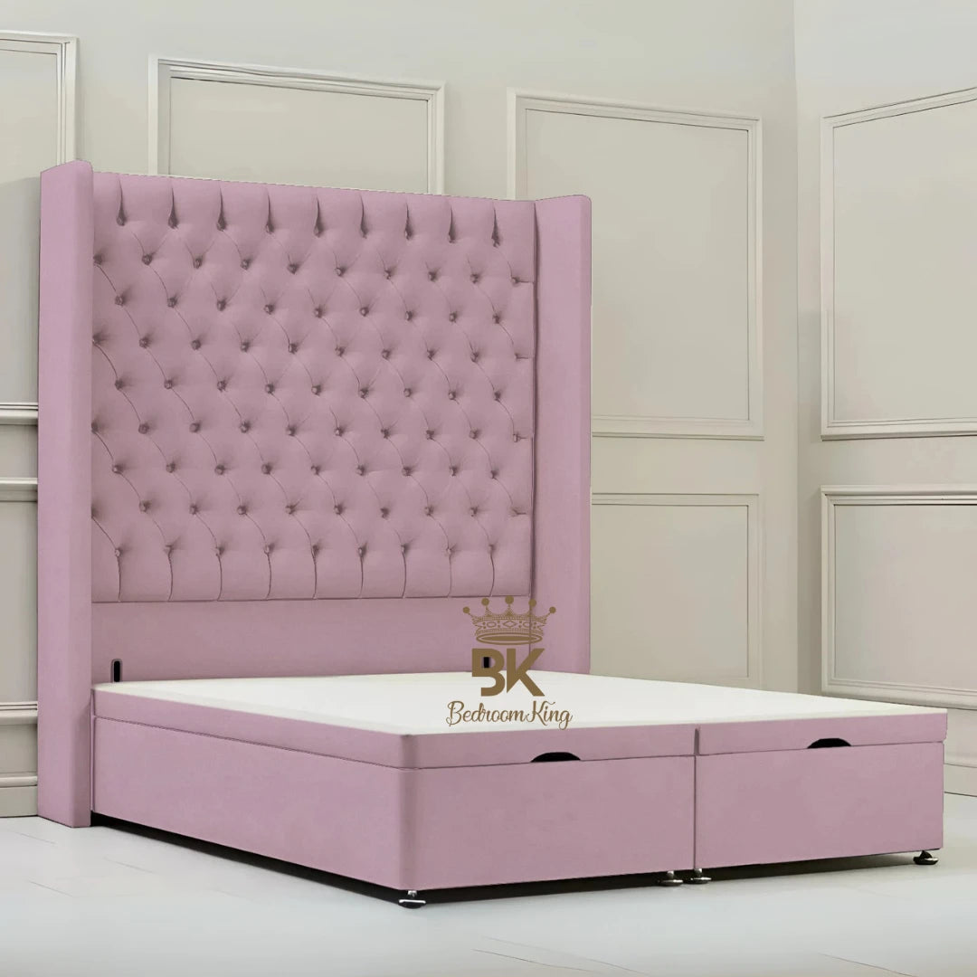 Canterbury Wingback Ottoman Divan Storage Bed - Mustard Plush Velvet