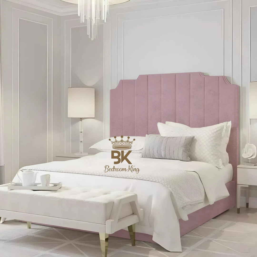 Bed Frame pictured with tall headboard in luxurious upholstered pink plush velvet finish