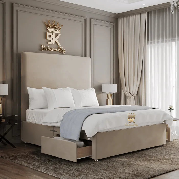 Divan Drawer Storage Bed Frame in cream plush velvet made by Bedrooking