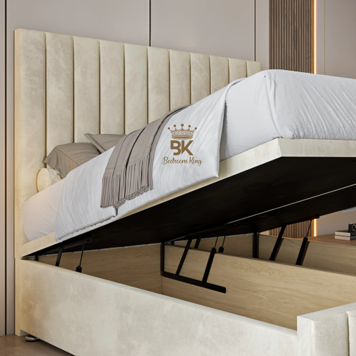 Divan ottoman bed with 54" high headboard and white bedding